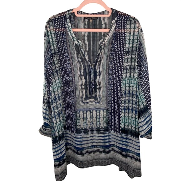 Rose & Olive Tops - Rose & Olive Geometric Tribal Print Blouse Womens 3X Blue Green Flowy Boho Sheer
